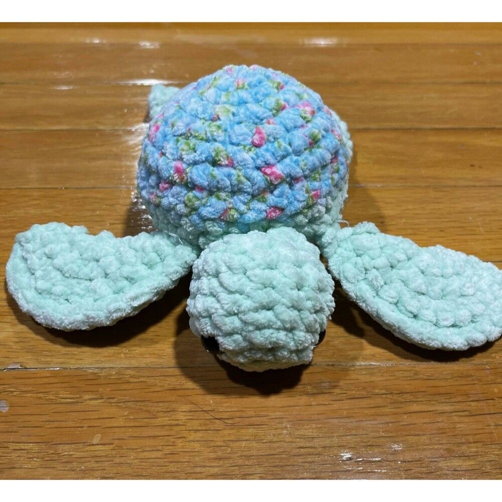 Handmade Crochet Turtle Green and Blue Floral Stuffed Amigurumi New 8 Inches